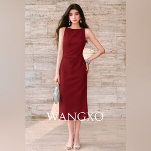 Chic Wine Red Spaghetti Strap Midi Dress